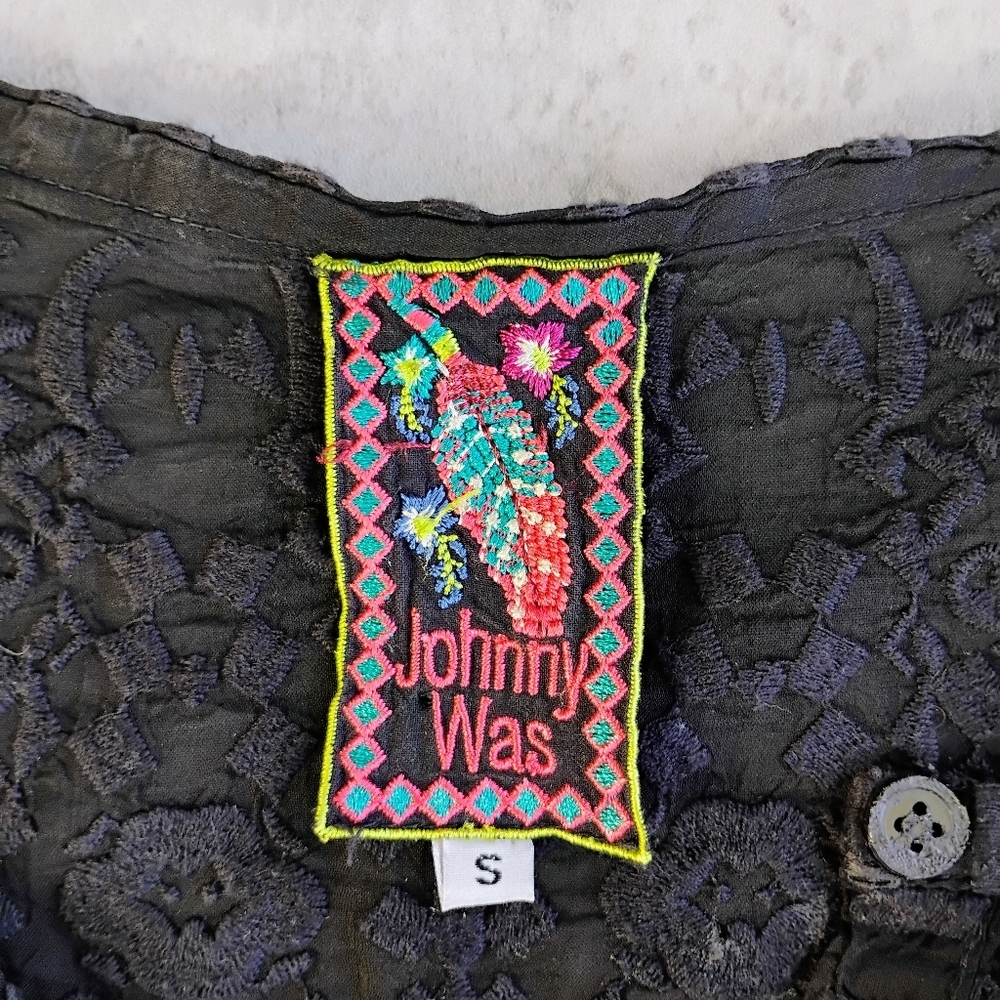 Johnny Was Rona Tunic Womens Small Black Sheer Embroidered Shark Bite Hem Boho - Picture 7 of 13